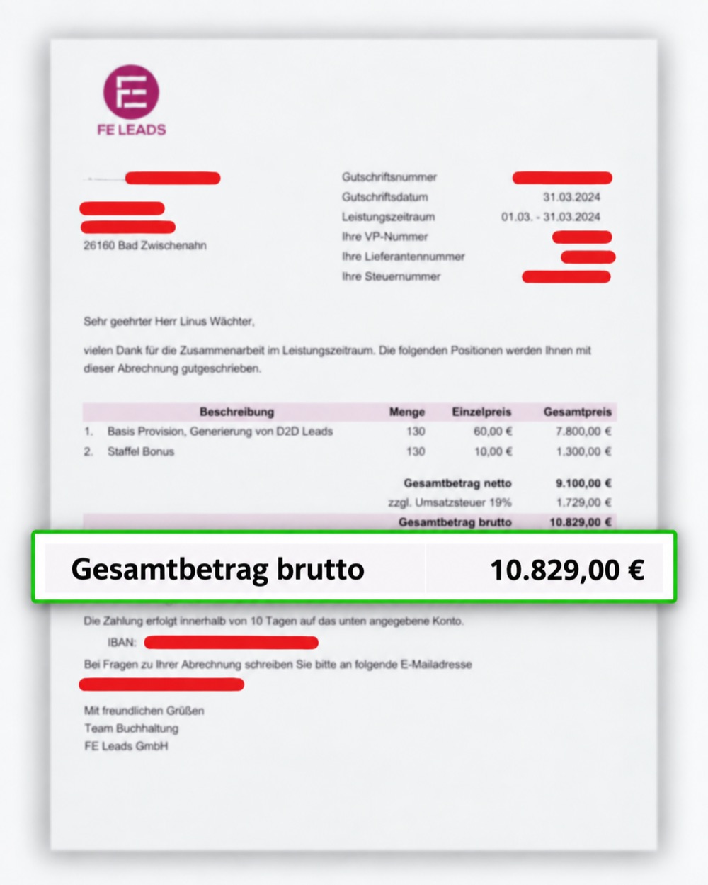 Provisionsabrechnung Leadgenerierung, 10.829,00 €