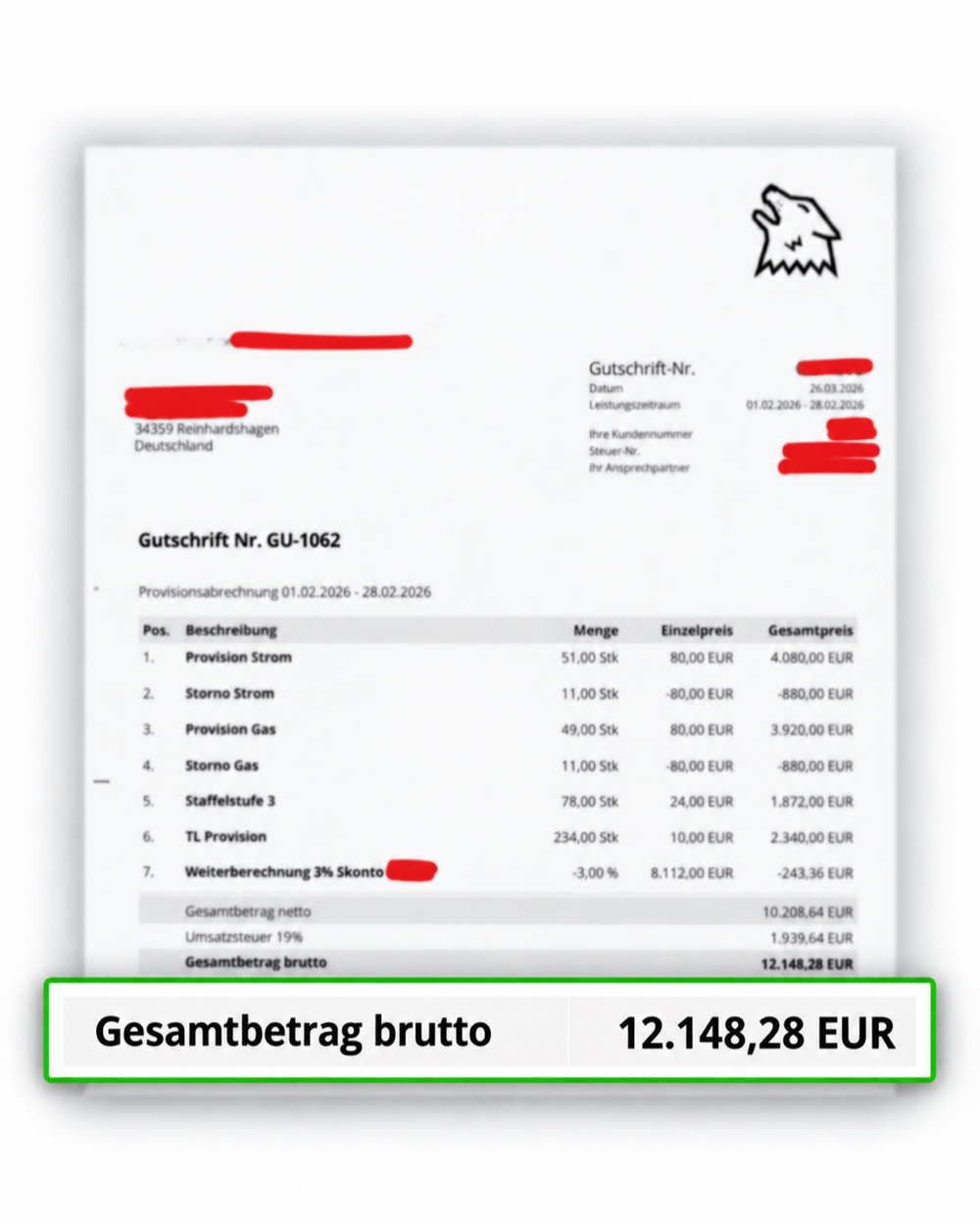Provisionsabrechnung Berater Strom & Gas, 12.148,28 €