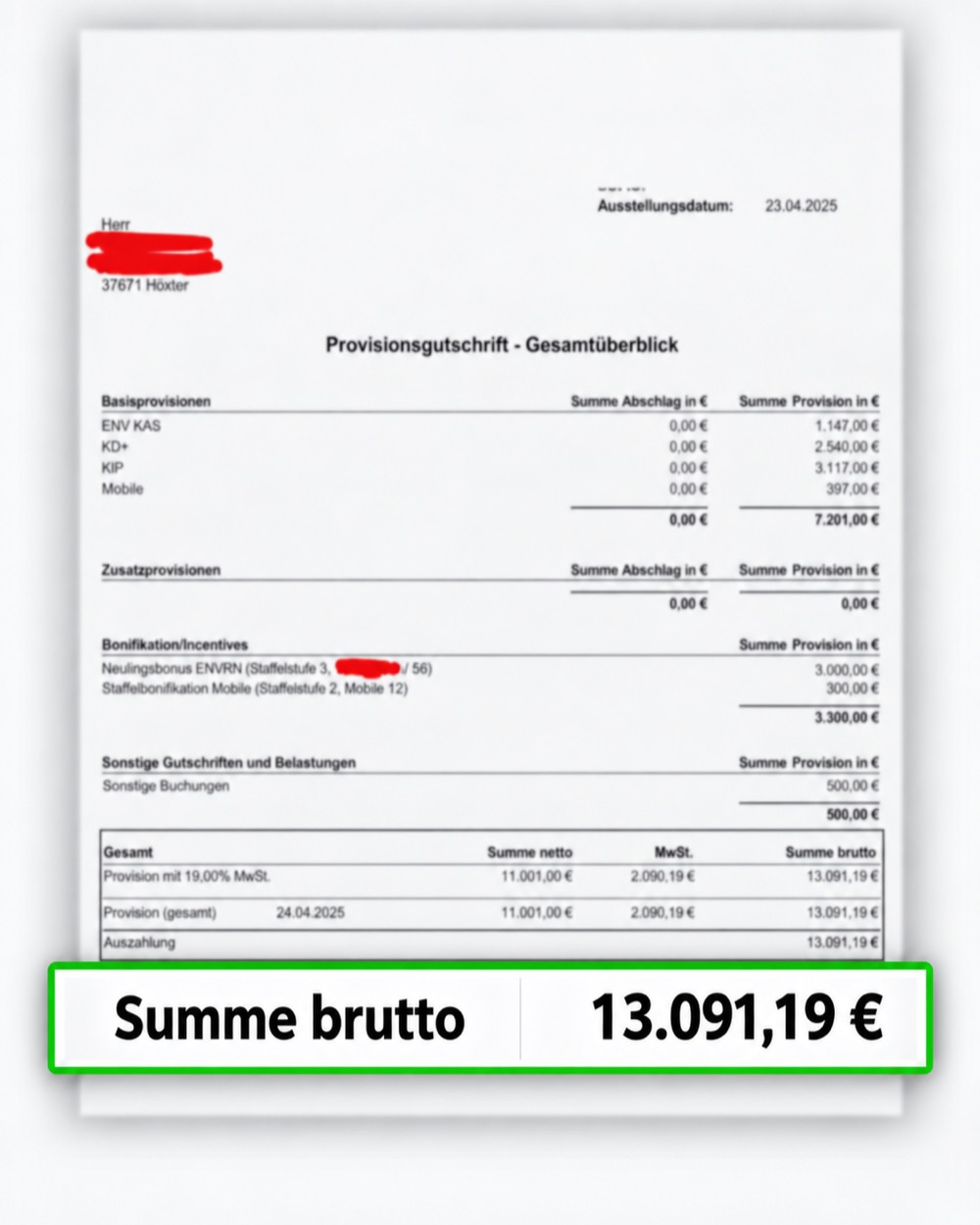 Provisionsabrechnung Berater Telekommunikation, 13.091,19 €