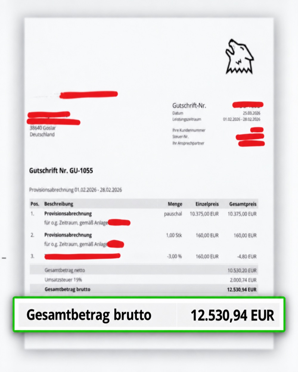 Provisionsabrechnung Berater Glasfaser, 12.530,94 €